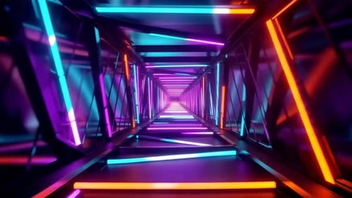 Futuristic Neon Tunnel Flythrough with Purple and Blue Light
