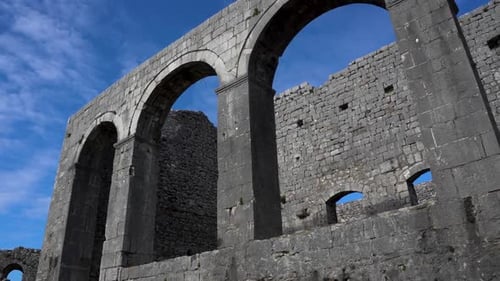 Medieval architecture of temple with arched stone walls inside Rozafa castle