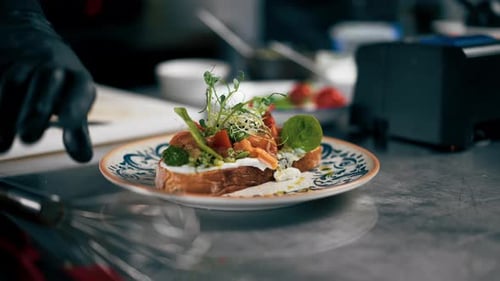 Close Up in a Professional Kitchen in a Patterned Plate There is Readymade Toast with Salmon and