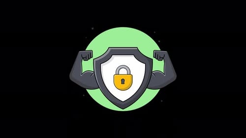 Animated Security Shield with Padlock and Biceps Icon