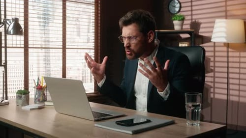 Mad Furious Stressed Angry Business Work Online Video Call Yelling Talking Rage Fury Problem