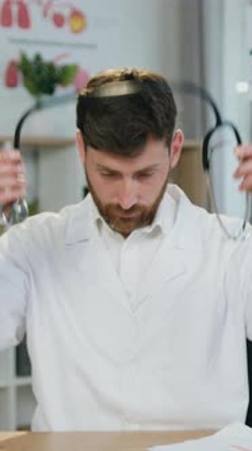 Close Up Portrait of Likable Goodnatured Successful Professional Bearded Doctor in White Coat with