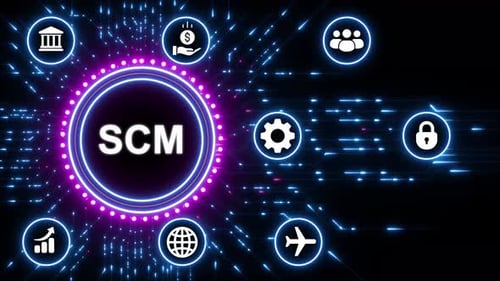 Concepto SCM de gestión de la cadena de suministro con tecnología logística de redes digitales e íconos empresariales
