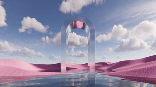 Passerelle surréaliste en arc chromé sur un paysage désertique rose avec une eau sereine