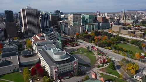 Ottawa city hall and skyscrapers in background, aerial parallax view