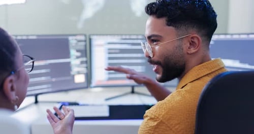 Office, worker and training in computer with coding in teamwork or collaboration for big data
