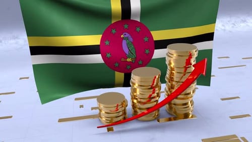 Dominica Flag With Gold Coins Tower And Up Arrow