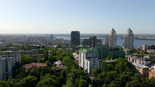 A drone view of the capital city of Kyiv expanded over the river significantly, Ukraine.