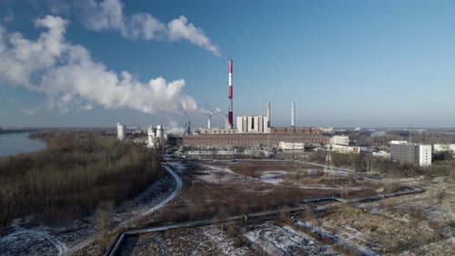 Aerial lifting shot of air pollution from a thermal power plant in Poland.
