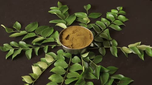 Bunch of curry leaves and power over black background