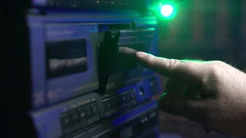 Audio Cassette Tape, Inserting and Starting Playback, Vintage Analog System From 1980's