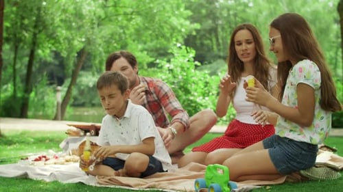 Cheerful Siblings Playing with Soap Bubbles in Park. Young Family Sitting On