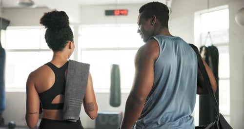 Friends, fitness and walking in gym after exercise, workout and training at wellness club