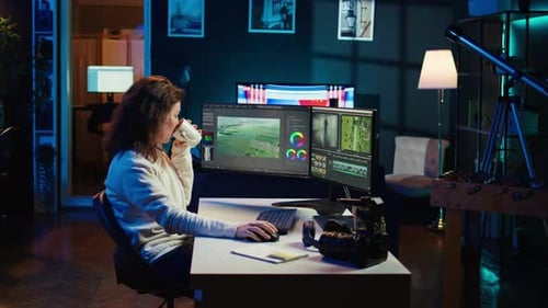 Woman Working at Computer Editing Video at Night