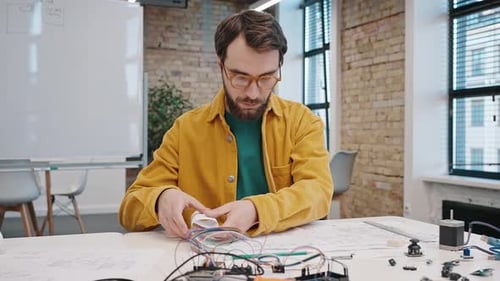 Un jeune homme à lunettes roule en papier Schéma d'un prototype d'appareil