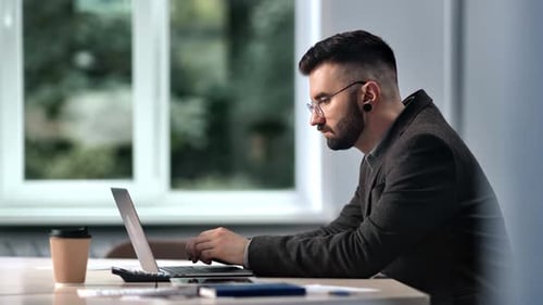 Confident Man Boss Employee Working Planning Analyzing Data Use Laptop Desk Workplace Office Window