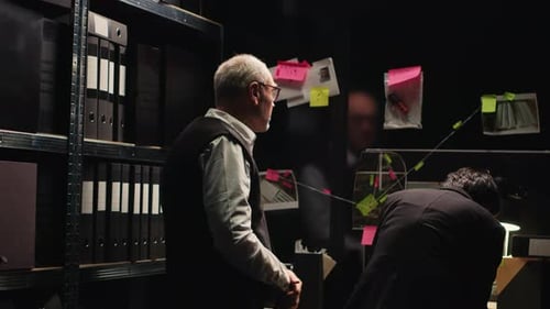 Detectives Analyze Evidence in Dark Office