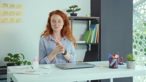 Cute Young Woman Applying Sanitize Spray Rubbing Hands Before Use Laptop Computer Work Office Corona