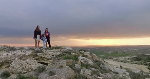 Aerial View Lifestyle Happy Family Conquered the Top of the Mountain Together