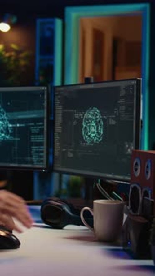 Vertical Video Man Inserting Disk Into PC Containing Software Turning AI Into Sentient Being