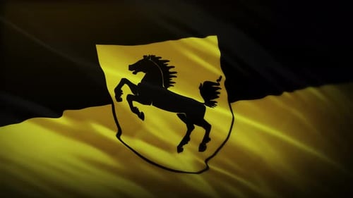 Waving Black and Gold Flag with Rearing Horse Emblem Loop