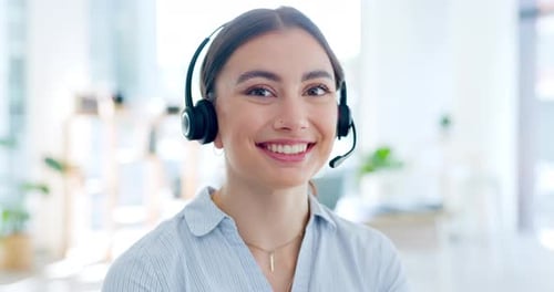 Contact us, call center portrait or happy woman speaking or talking in communications company