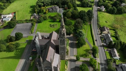 St. Cathedral, County Monaghan, Ireland, September 2022. Drone slowly pushes closer while orbiting c