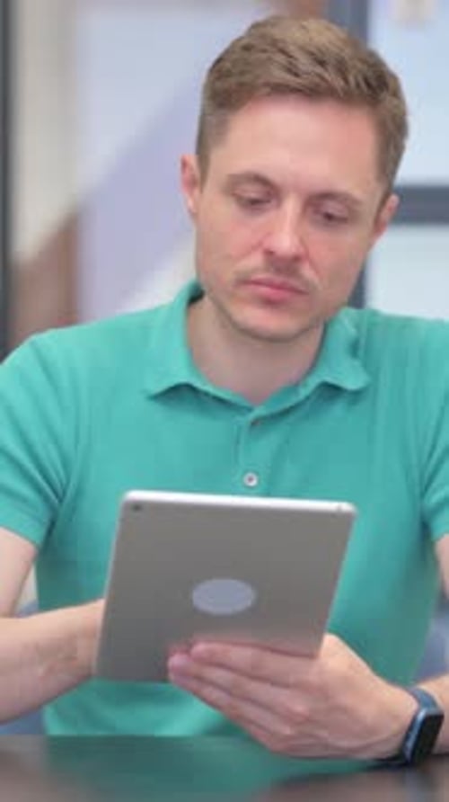 Man in Green Shirt Uses Tablet Device Indoors