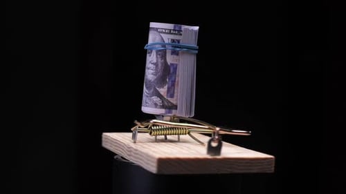 Mausefalle mit Hundert-Dollar-Banknoten als Köder auf schwarzem Hintergrund