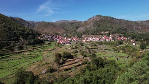 Aerial View Village of Gavieira. National Park of Gerês in Portugal. Rural Landscape