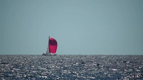 Sailing Ship Luxury Yacht with Red Sails in the Sea in the Evening Sunlight
