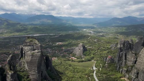 Aerial view of the landscape of Meteora, Trikala, Thessaly, Greece.