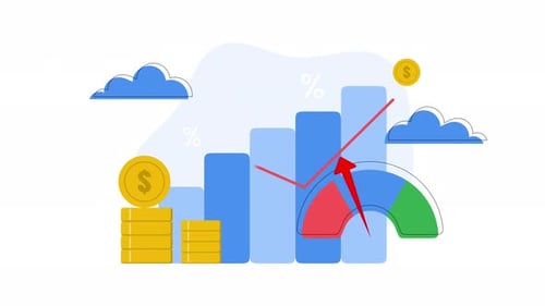 Business risk bar graph, failing gauge, and coins. Ideal for illustrating financial.