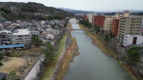 Aerial video of beautiful view of Kamu or Kamogawa river in Kyoto city, Japan
