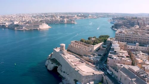 Drone flying above the city of La Valletta in Malta.
