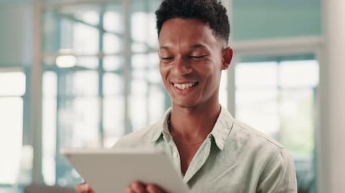 Tablet, happy and businessman in office with research for company event planning with budget