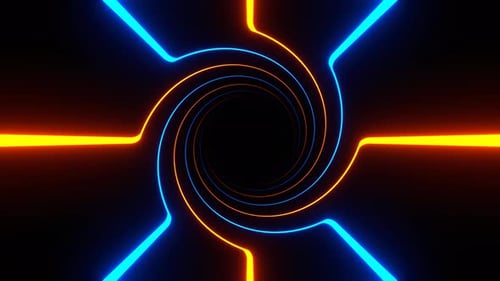 Orangefarbener und blauer Hintergrund mit rotierenden spiralförmigen Neonlinien, VJ Loop in 4K