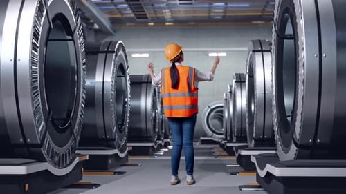 Uma engenheira espalhando os braços em uma fábrica de metal