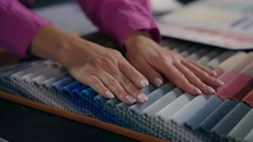 Close Up Hands Woman Girl Touch Soft Fabric Samples Choose Select Cloth Colorful Palette Design