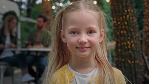 Close Up Cute Little Child Portrait Outdoors in Camping Small Kid Girl Baby Schoolgirl Daughter