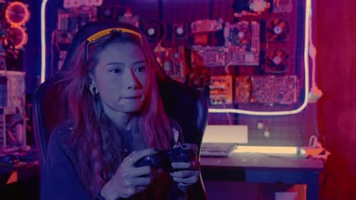 Young Woman Live Stream She Play Video Game at Home Neon Lights Living Room Gamer Playing Online