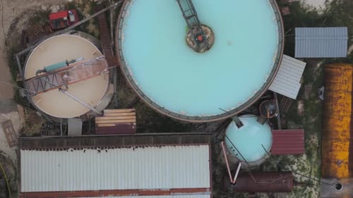 Aerial view of industrial tanks with liquid, Italy.
