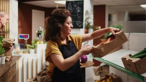 Bio Food Shop Vendor Helps Man with Info