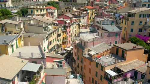 Aerial 4K footage of Riomaggiore, Cinque Terre in Italy.