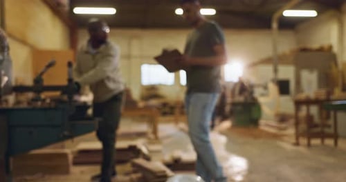 Wood, carpentry and teamwork in factory for manufacturing, production line