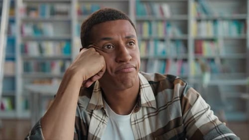 Bored Unhappy African American Man Library Student Learn Study Negative Educational University