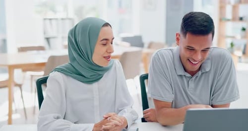 Diversity, laptop or startup people in office for communication, networking