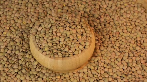 Wooden Bowl Full of Raw Brown Lentils