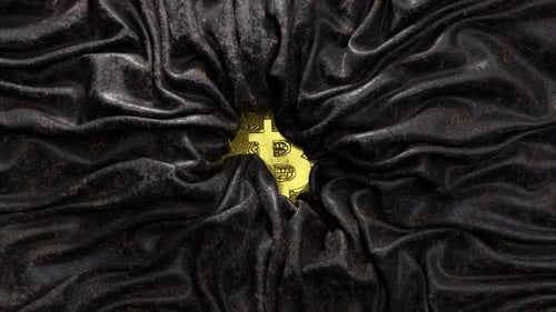 Satin Black and Gold Fabric Crinkles Around the Bitcoin