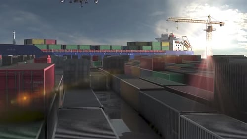 Flugzeug über dem Hafen mit Containern und Schiffsanlegeplatz